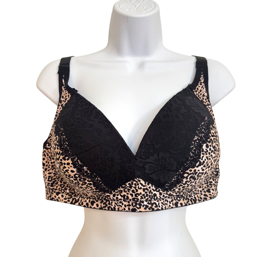 Gloria Vanderbilt Leopard Print Lace Wireless Bra Black Tan 42C Molded Cups
